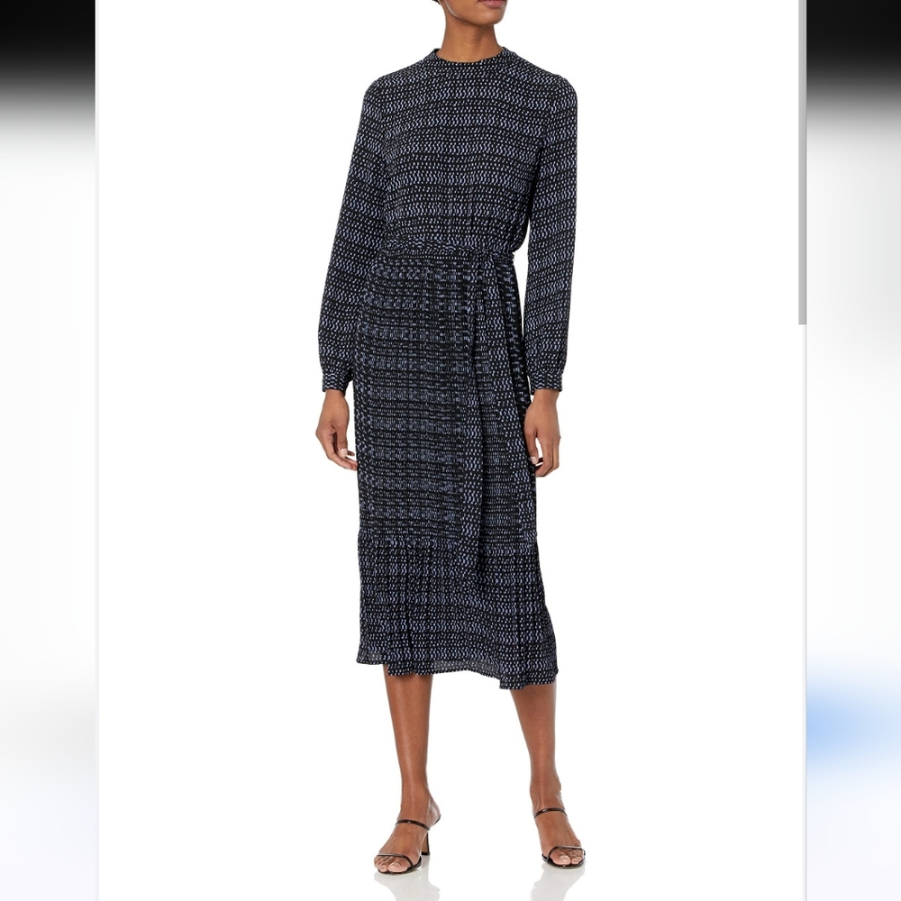 ANNE KLEIN Elegant Blue Patterned Mock Collar Dress Size Large